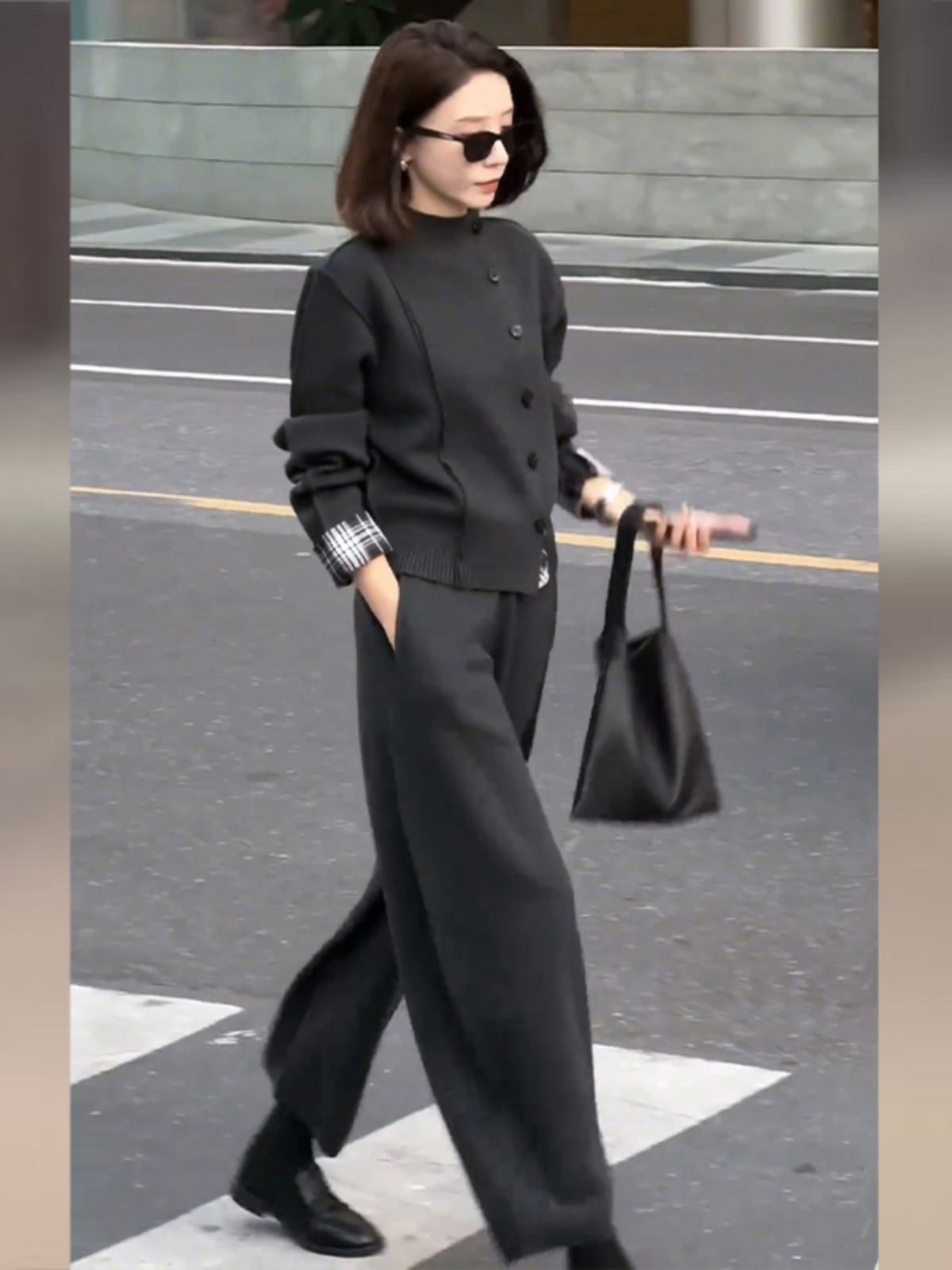 冬季穿搭一整套高级感灰色假两件拼接针织上衣九分裤气质两件套装