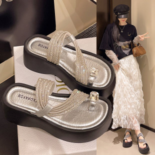 银色绝美配裙子套趾凉拖 女夏外穿高级感2025新款 法式 厚底水钻拖鞋