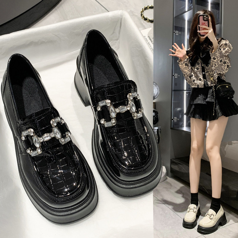 小皮鞋粗跟水钻乐福鞋