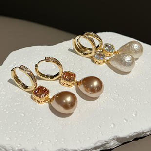 法式香槟色棉花珍珠耳环女时髦复古气质耳钉高级感夸张长流苏耳饰