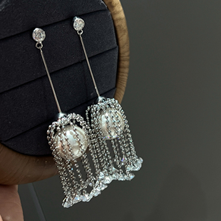 小众设计皓石珍珠流苏耳环2026新轻奢高级感大气长款圆脸夸张耳饰