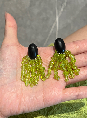 超仙法式绿色天然石黑檀木流苏耳环高级感小众设计气质度假风
