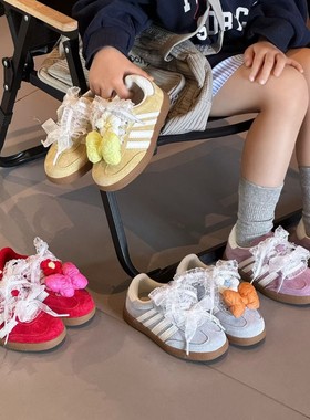 真皮儿童新款运动鞋春秋女孩公主阿甘鞋蕾丝珍珠蝴蝶结女童德训鞋