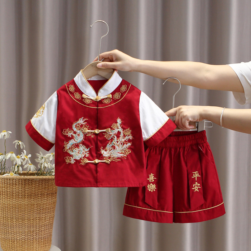 儿童唐装夏季中国风短袖男童汉服男宝宝周岁礼服百日宴抓周衣服