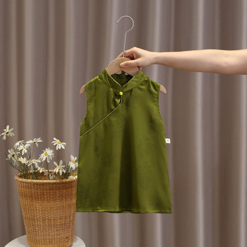 汉服新中式女童连衣裙夏季薄款女宝宝旗袍裙儿童中国风绿色礼服裙
