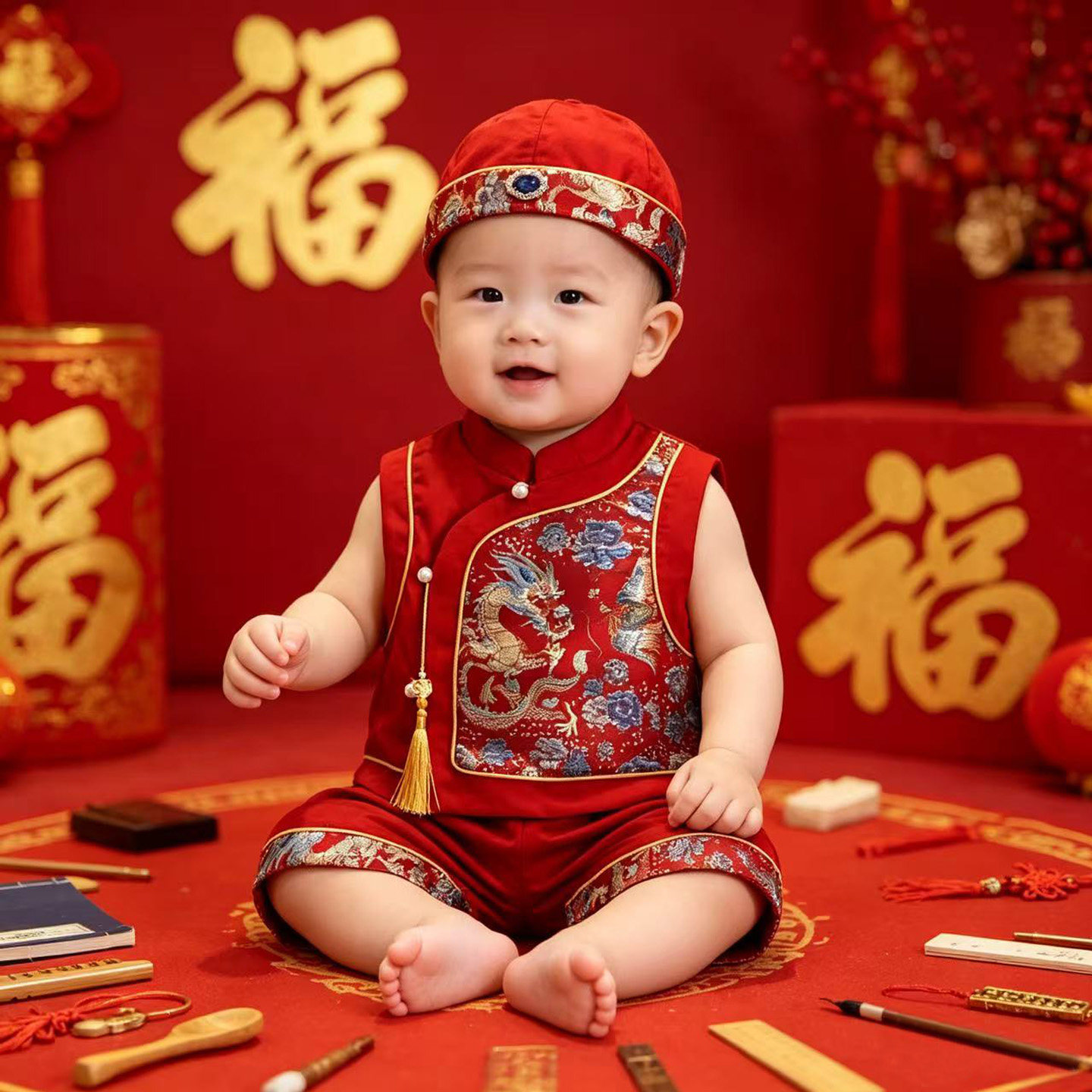 男宝宝新中式唐装夏季抓周礼服套装婴幼童中国风龙纹刺绣喜庆衣服