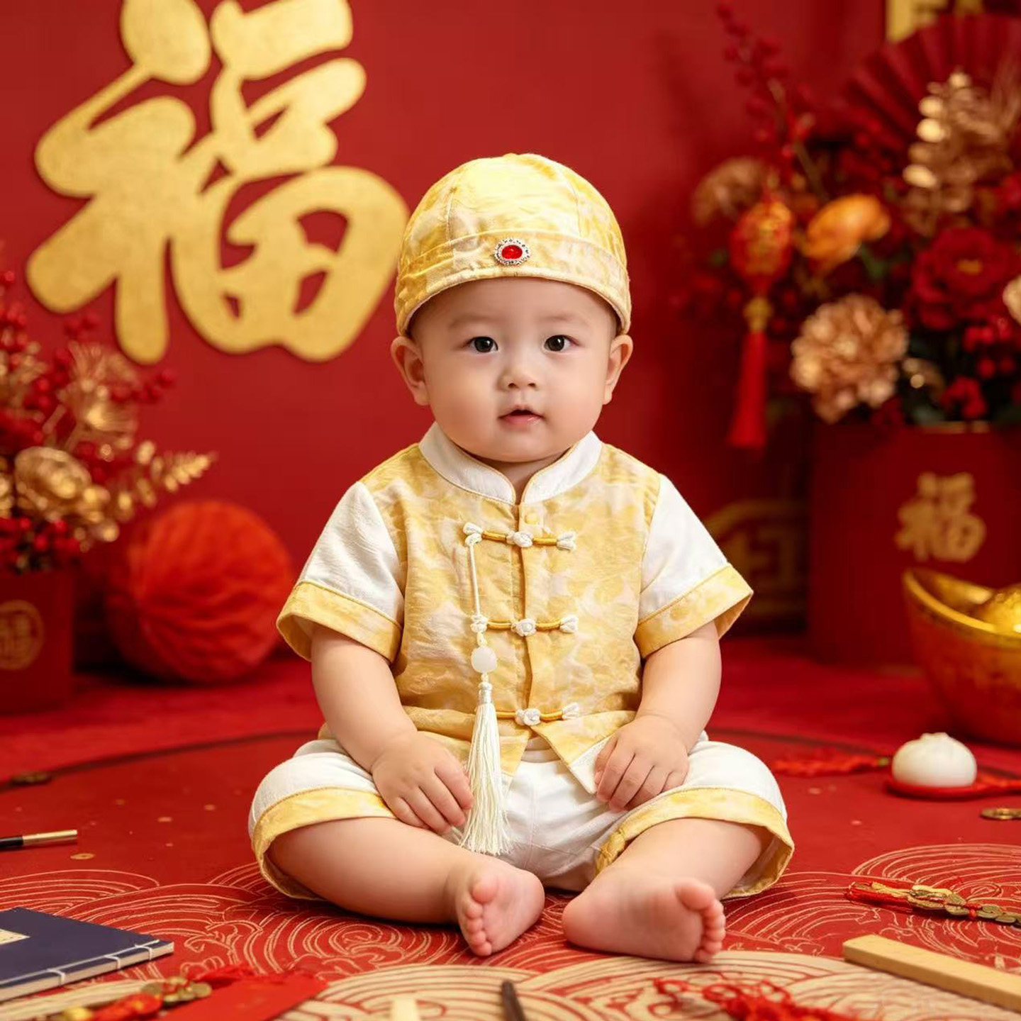 新中式唐装婴幼童抓周服套装男宝宝夏季短袖一周岁礼服生日宴衣服