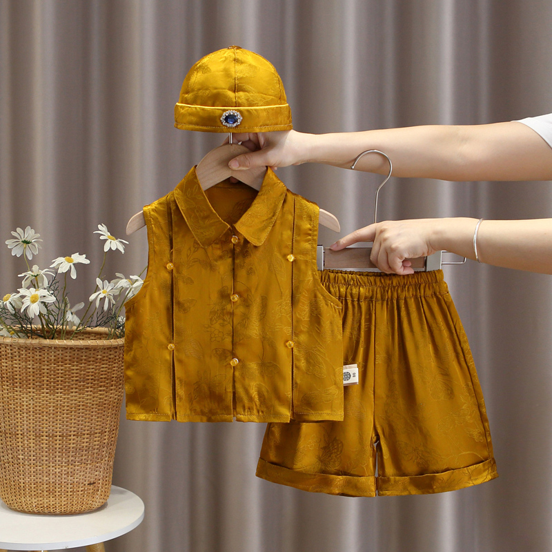 周岁礼服男宝宝抓周服新中式唐装婴儿服背心满月衣服男童汉服套装