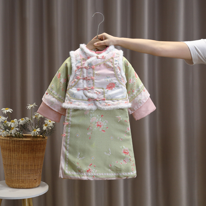 女童冬季加绒加厚儿童格格服中国风汉服唐装小女孩古装过年服套装