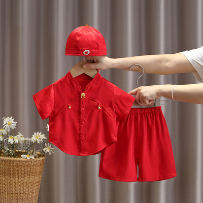 周岁礼服男宝宝生日满月抓周服婴儿夏季薄款女宝宝红色喜庆衣服