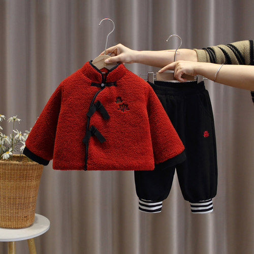 儿童新年装中国风唐装拜年服男童加厚保暖套装女童红色喜庆两件套
