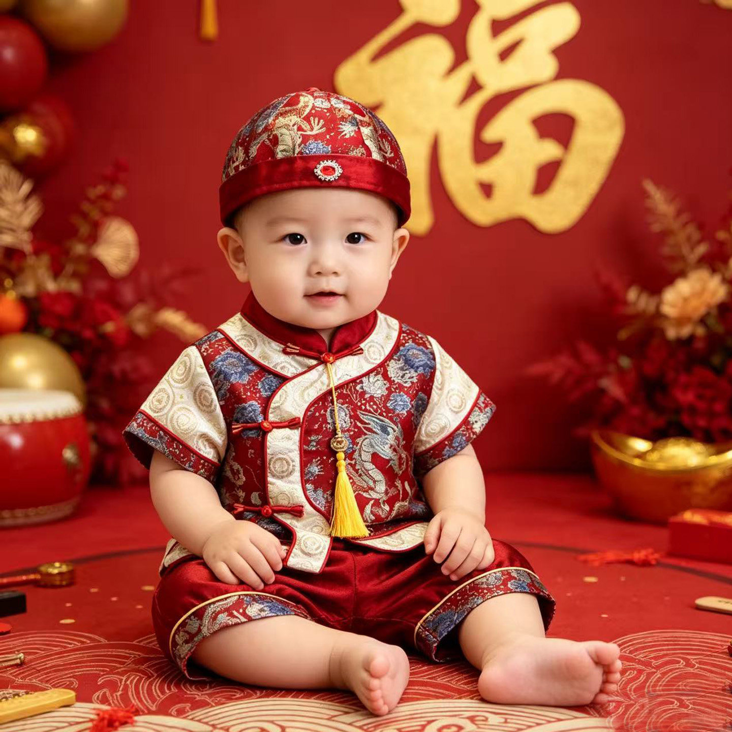 男宝宝周岁礼服新中式唐装生日宴喜庆红色抓周服套装婴幼童满月服