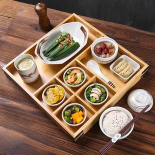 日式陶瓷民宿餐具套装家用早餐分格盘创意木质托盘商用月子餐餐具