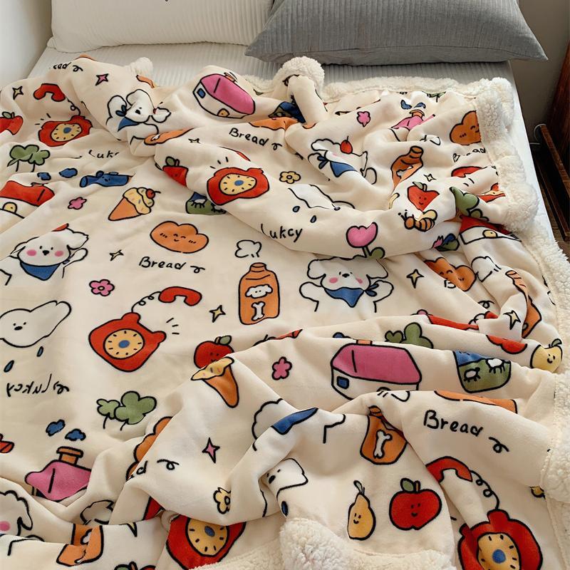 ins卡通碎花毛毯午休毯盖毯秋冬加厚羊羔绒珊瑚绒毯子卧室沙发毯