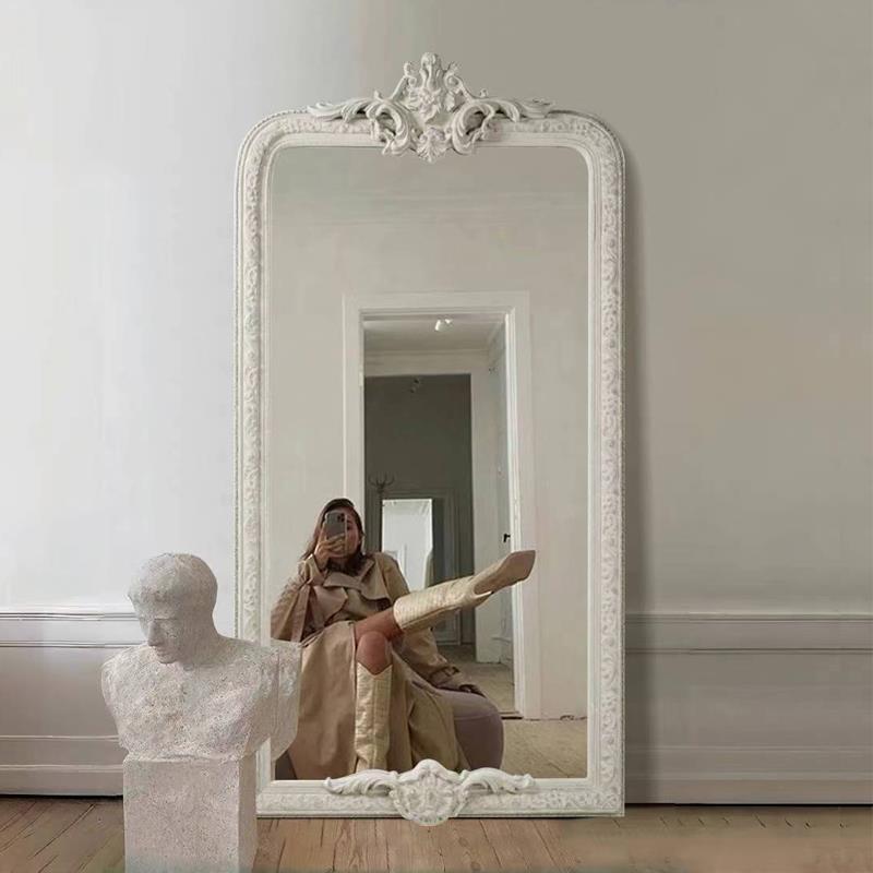 法式复古雕花全身镜欧式白色试衣落地镜服装店卧室贴墙高清大镜子