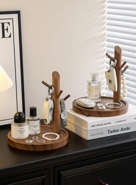 中古风玄关钥匙收纳摆件家用客厅鞋柜置物架入户挂钩木质首饰托盘