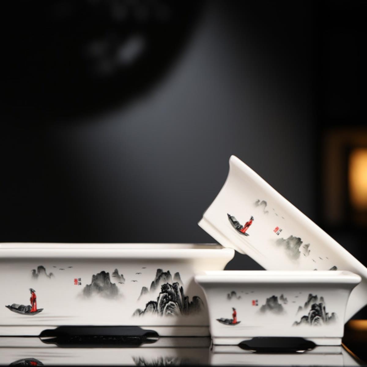 精品紫砂花盆长方形大号水墨山水彩绘盆景盆绿植盆栽专用盆中国风