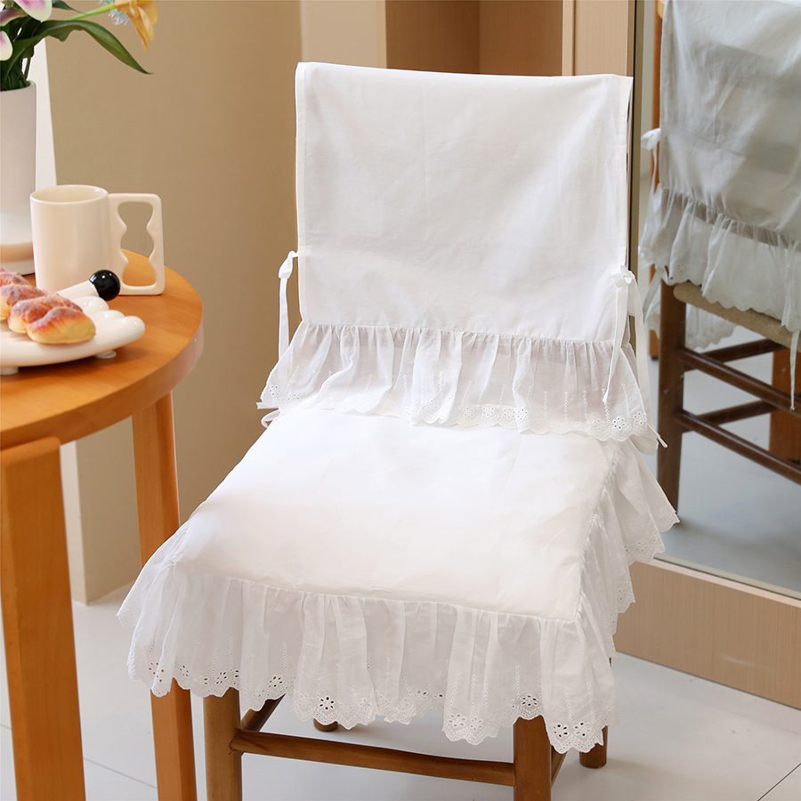 法式纯棉椅套高档白色简约荷叶边镂空刺绣家用实木椅子套靠背套