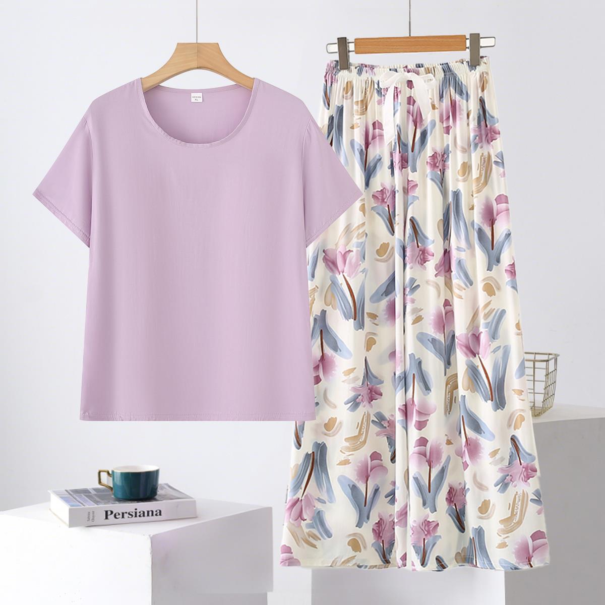 2025新款夏季女中老年妈妈装棉绸短袖薄款睡衣裤套组可外穿家居服