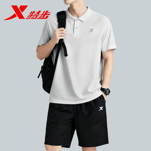 特步运动套装男夏季冰丝速干短袖t恤五分裤男装POLO衫短裤两件套
