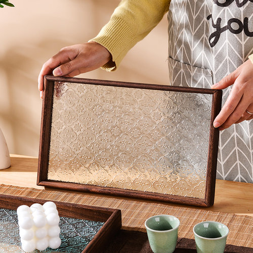 热销海棠压花玻璃托盘q复古长方形茶盘收纳摆件茶水杯子点心水果