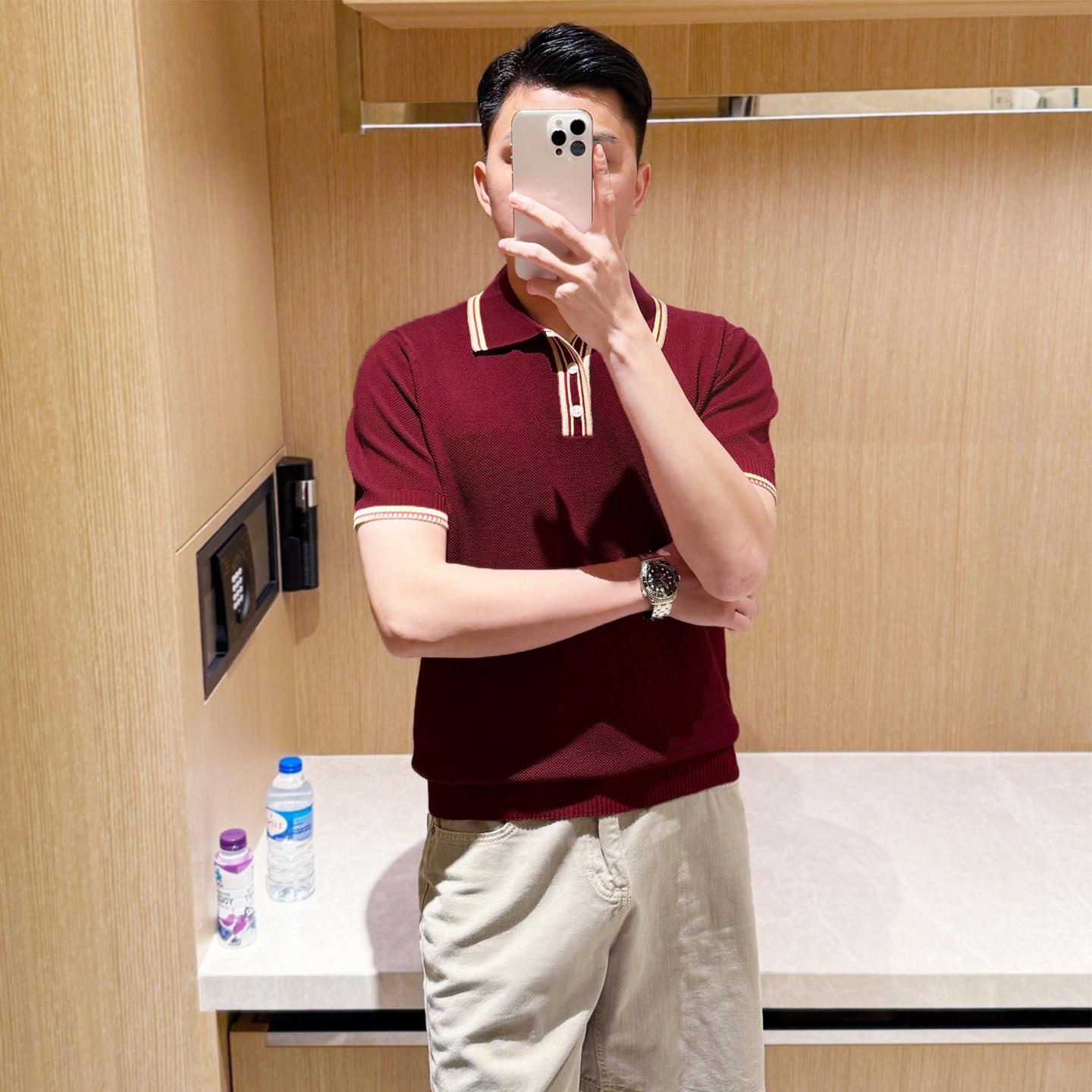 法式奢华男装高级商务男士polo衫时尚复古拼色翻领上衣针织短袖男