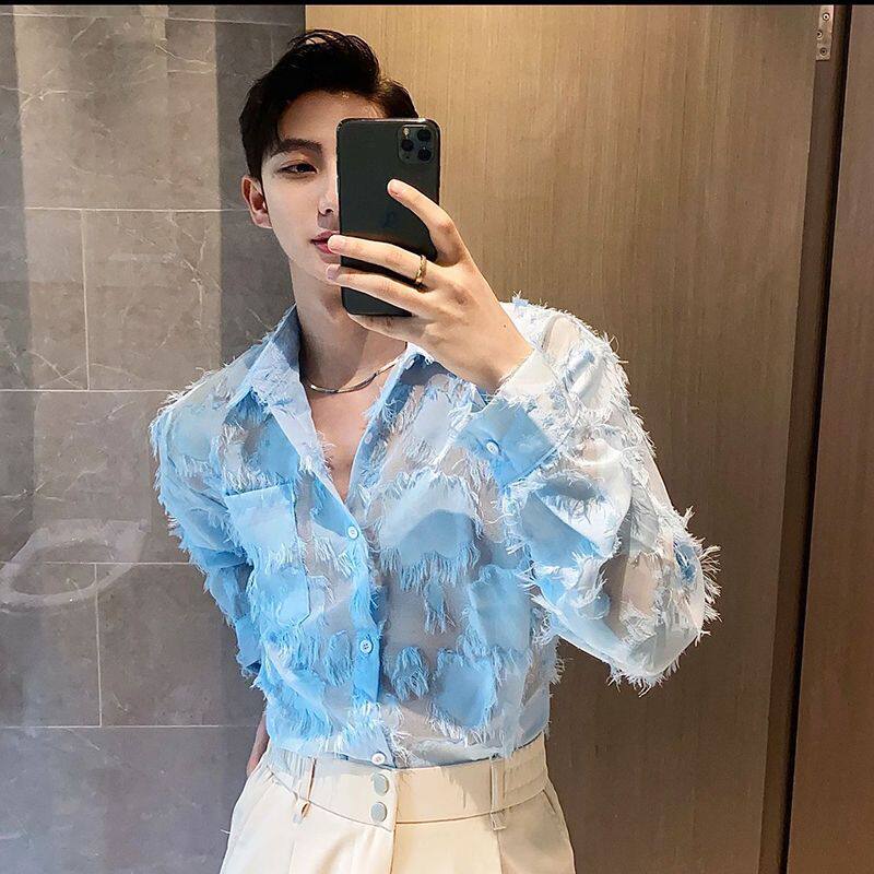 秋季时尚网红提花小众宽松薄款长袖衬衫男夜店发型师美男防嗮衬衣