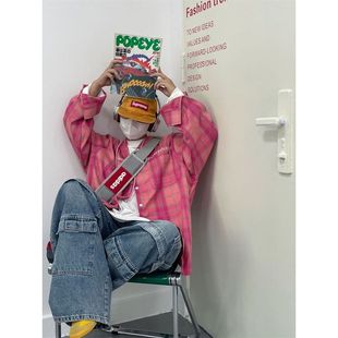 春秋季美式复古街头连帽粉色格子长袖男女衬衫宽松百搭情侣外套潮