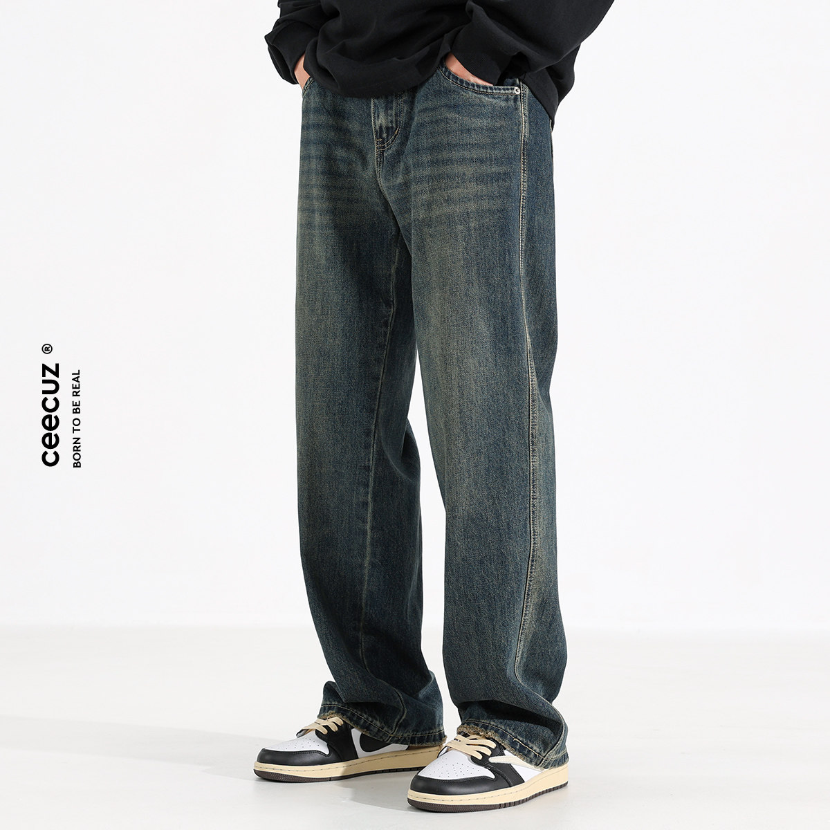 Ceecuz美式复古cleanfit宽松直筒牛仔裤男款春秋新款阔腿休闲长裤