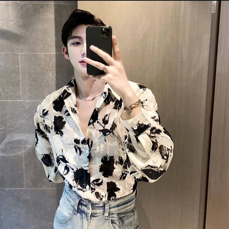 春秋网红个性时髦慵懒风薄款休闲痞帅长袖衬衫宽松网纱夜店衬衣男