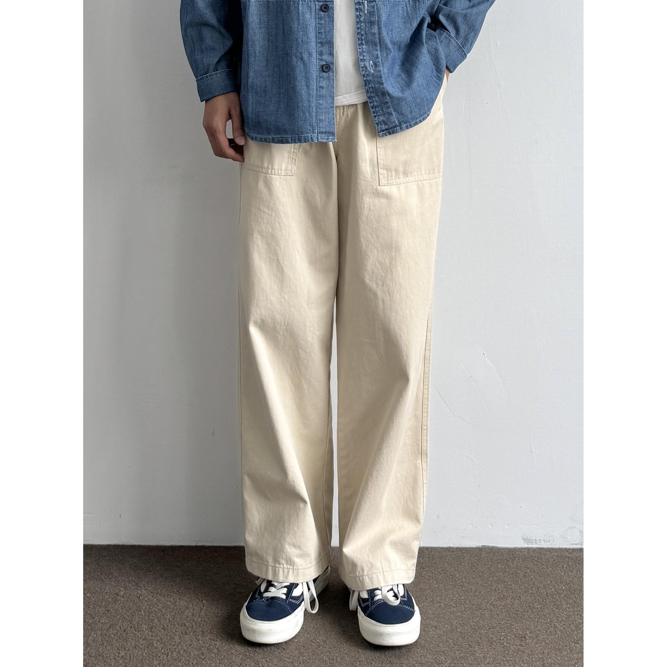 ONUN 日系复古棉质宽松直筒工装裤男百搭休闲正插袋松紧腰长裤潮