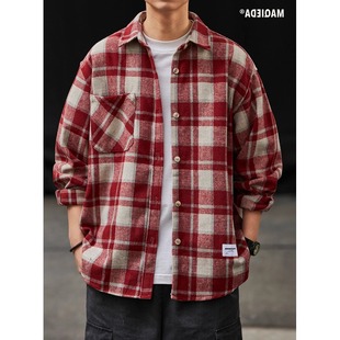 秋季日系磨毛复古衬衫红色vintage格子衬衣男士长袖外套潮流美式