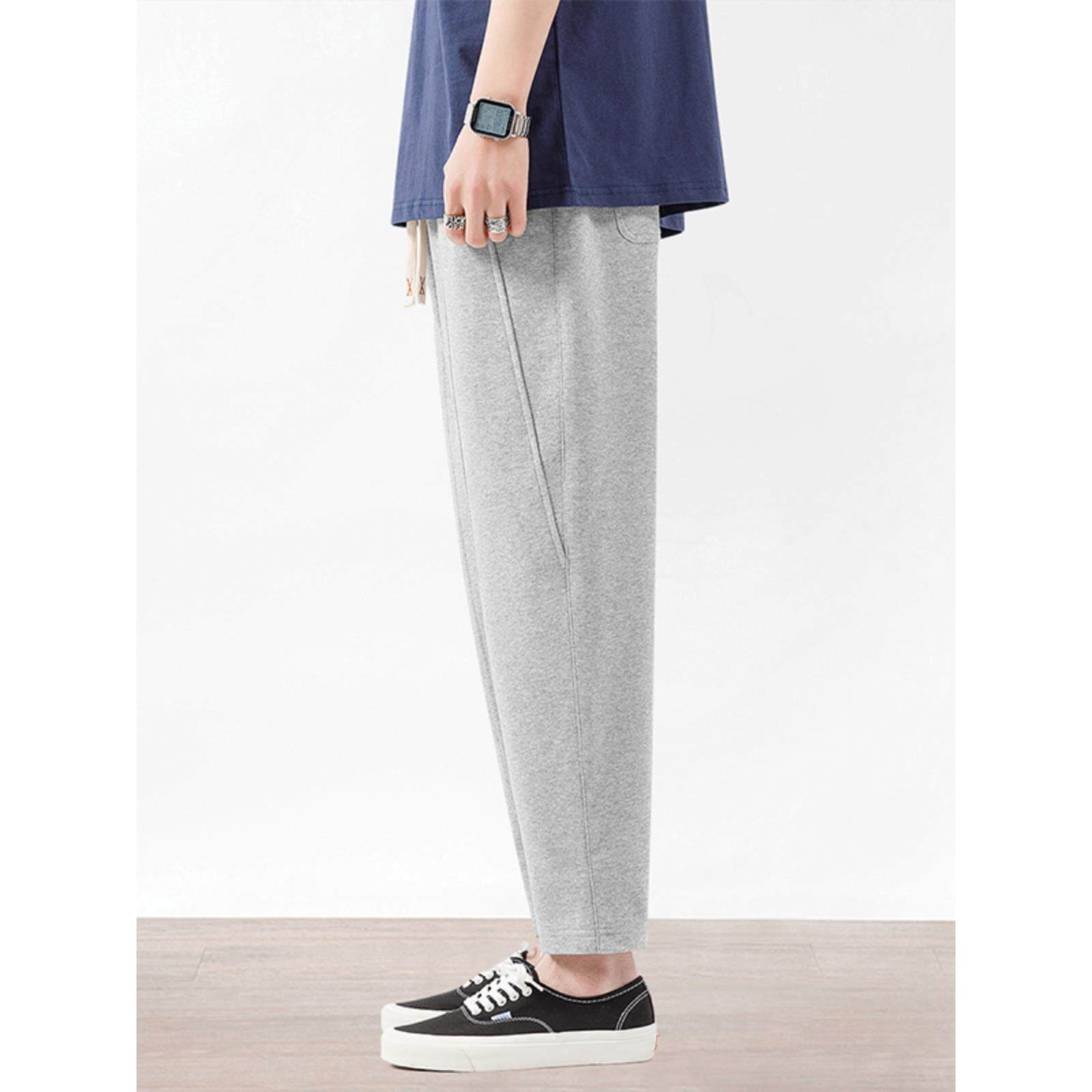 男生卫裤宽松秋季薄款九分裤子灰色运动休闲裤秋季潮牌针织小脚裤