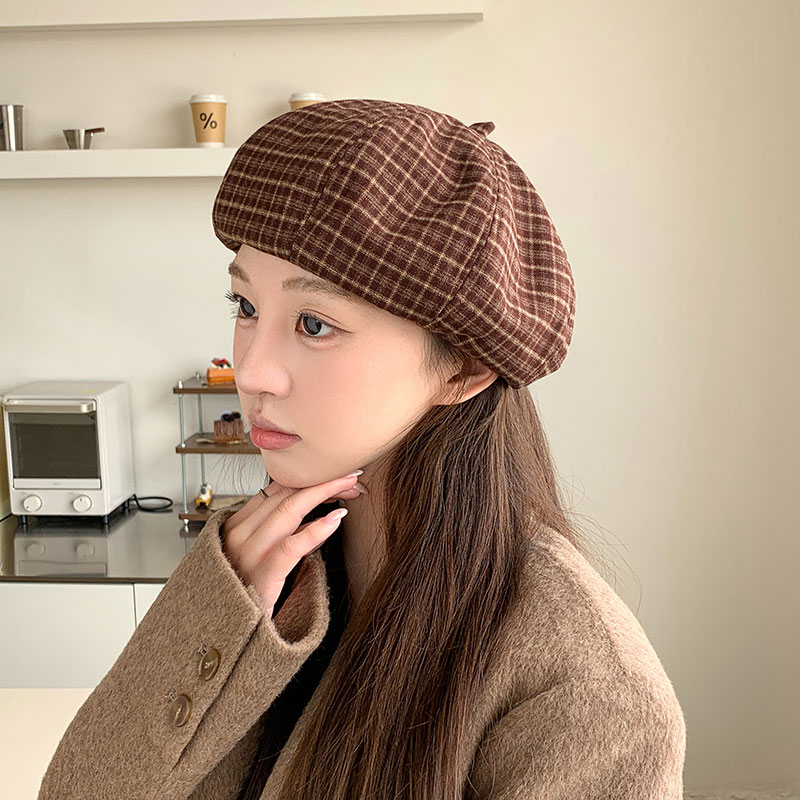 格纹贝雷帽女秋冬复古显脸小画家帽子春秋季逛街英伦风八角南瓜帽