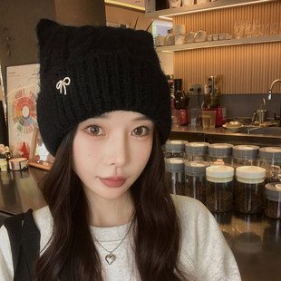 大头围针织帽子女秋冬季可爱蝴蝶结双角套头帽加厚护耳学生毛线帽