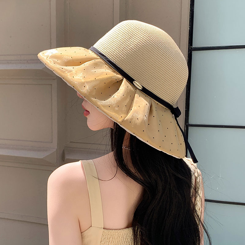 拼接编织草帽女时尚波点泡泡沿渔夫帽旅游度假透气可折叠遮阳帽夏