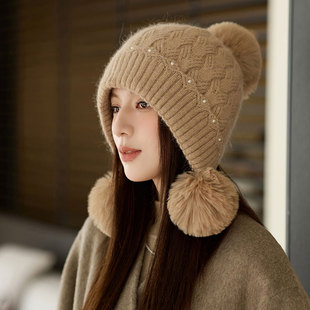 秋冬减龄毛线帽子女可爱三毛球珍珠花边包头帽加厚保暖护耳针织帽