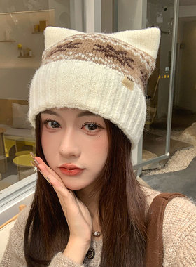 甜美女生猫耳毛线帽子秋冬季加绒保暖护耳套头帽显脸小提花针织帽