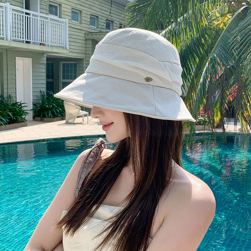 优雅盆帽女春夏百搭褶皱纯色渔夫帽海边出游防晒可折叠沙滩遮阳帽