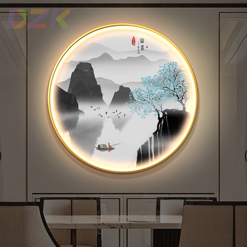 新中式圆形装饰画吴冠中江南水乡客厅玄关挂画led发光灯壁水墨c7