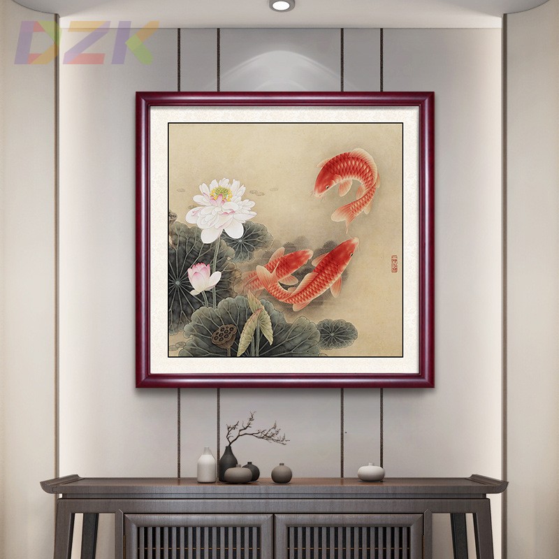 年年有余挂画客厅入户玄关卧室装饰画沙发背景墙荷花方形水墨国c7图片