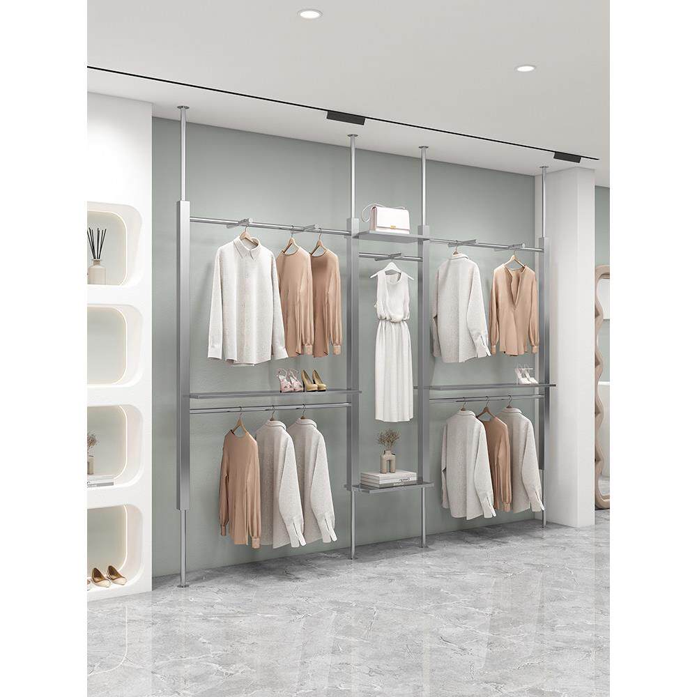 服装商店展示架不锈钢壁挂柱男女服装定制双层服装展示架