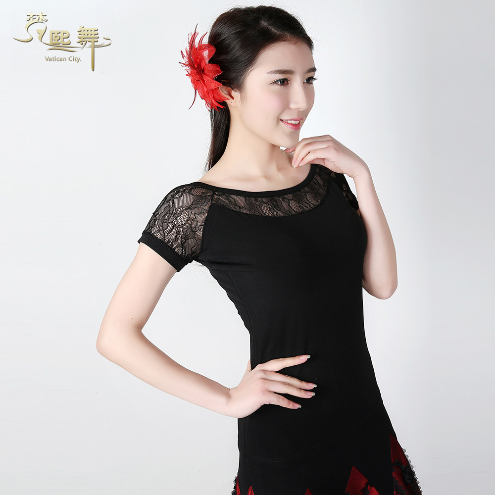 夏季新款广场舞摩登舞练功服短袖上衣女舞蹈服装舞衣t恤蕾丝