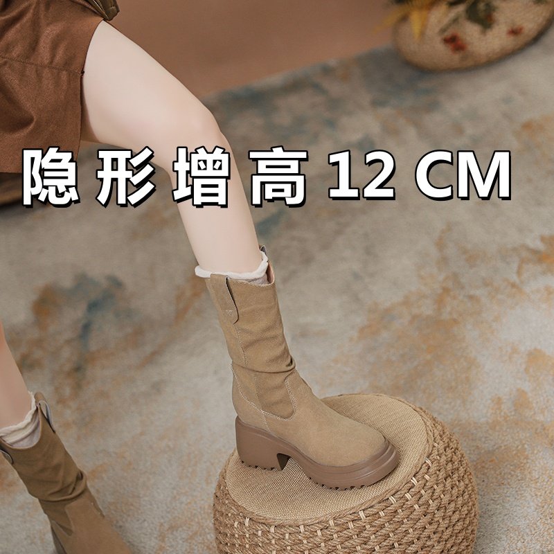内增高马丁靴女2025秋冬季新款加绒高跟中筒靴小个子Ｖ口堆堆短靴