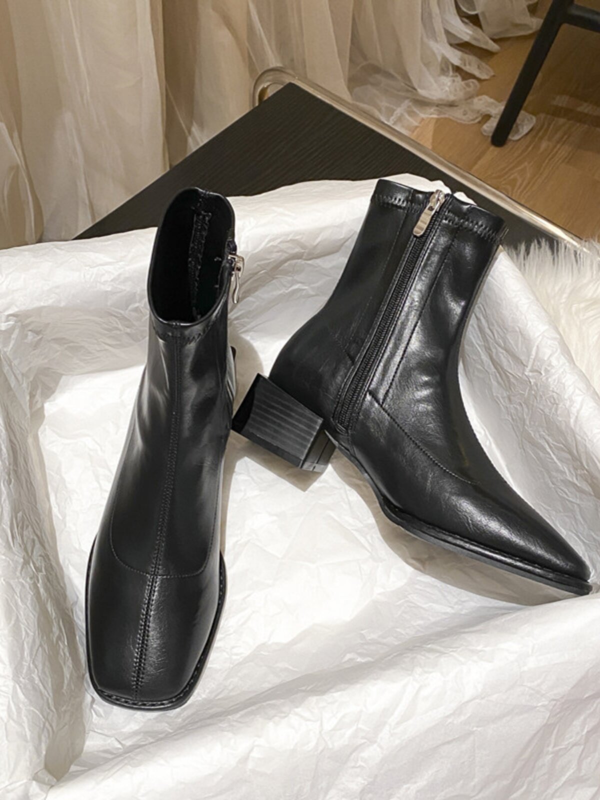 SQUARE TOE BLOCK HEEL BOOTS WOMENS FALL|WINTER 2024 NEW MID-HEEL BRITISH STYLE STRETCH SKINNY BOOTS LEATHER AND FLEECE MARTIN BOOTS