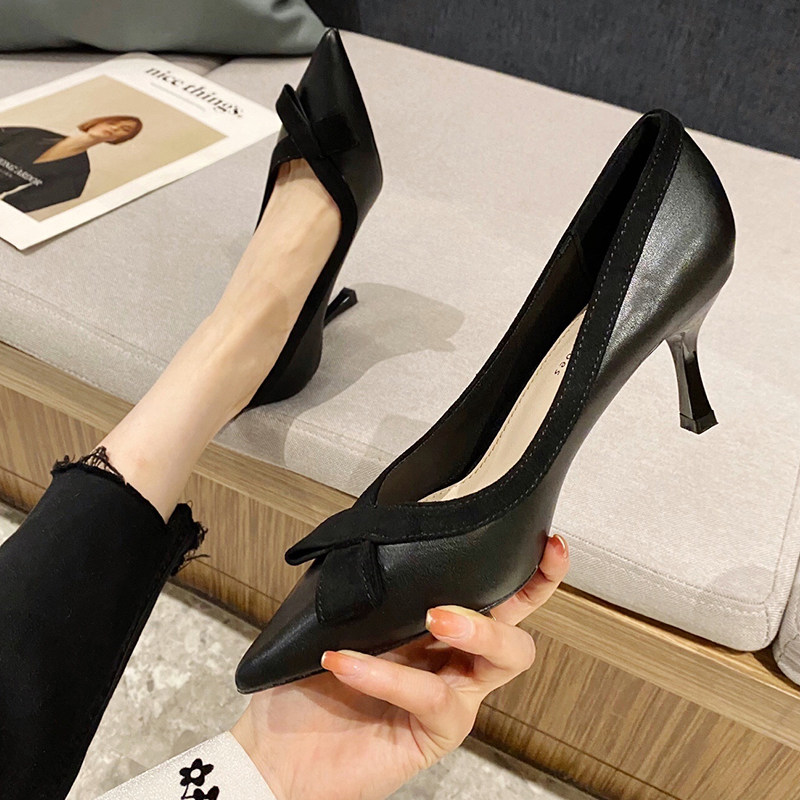 真皮单鞋女2025夏季新款高跟鞋黑色尖头浅口中跟细跟蝴蝶结工作鞋,女鞋,浅口单鞋,淘宝优惠券,粉丝福利购,淘宝优惠卷