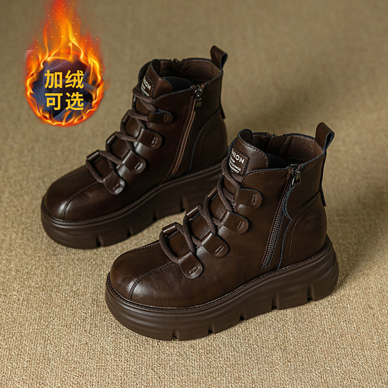 百搭小个子加绒厚底复古高帮短靴