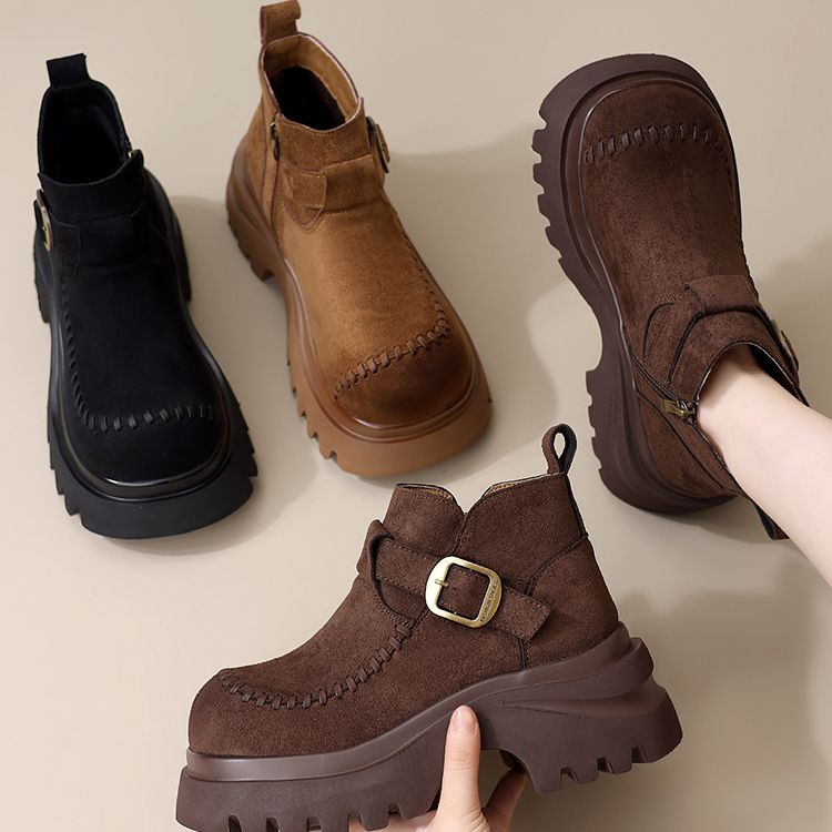 加绒翻毛皮一脚蹬增高勃肯短靴