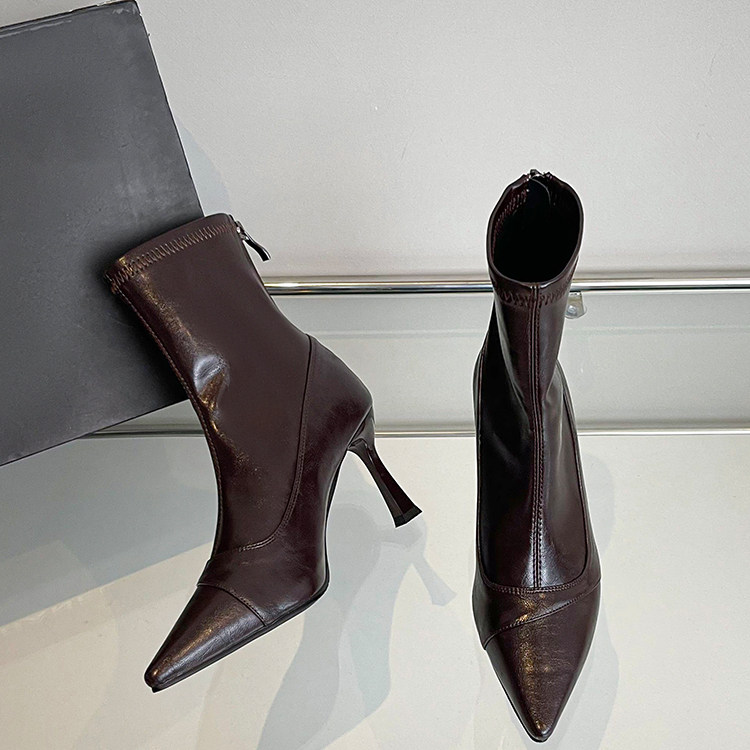 棕色瘦瘦靴百搭尖头细跟加绒短靴