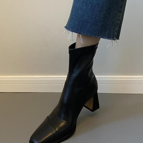 加绒瘦瘦靴真皮粗跟复古方头短靴